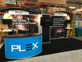 RENTAL: Modified RE-2097 Inline Design with Storage Closet, Wave Canopies, (4) Arm Lights, (2) Small Monitor Mounts, (1) Large Monitor Mount, (4) Arm Lights, RE-1205 Large Curved Reception Counter, (2) 24" Monitors, (1) 43" Monitor, Tension Fabric Graphic