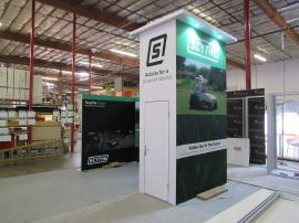 Gravitee Modular Island with Tower/Closet, Multiple Monitor Mounts, Fabric Graphics, Puck Lights, and Canopy