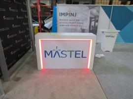 Modified MOD-1563 Custom Counter with Graphic, RGB Programmable LED Lighting, Locking Storage, Drawer, and Slide-Out Shelf