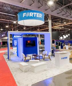 RENTAL: Modified RE-9126 Design with (2) 5 Ft Wide x 10 Ft High Double-Sided Tool-Less Lightboxes, Bridged Ceiling Structure, (3) Large Monitor Mounts, (3) 55" Monitors, (1) RE-1558 Counter, 8 x 8 Gravitee System Conference Room with Locking Door, and SEG